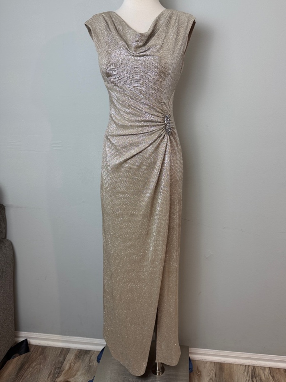 Lauren Ralph Lauren Gold Metallic Champagne Draped Maxi Dress ~ 4